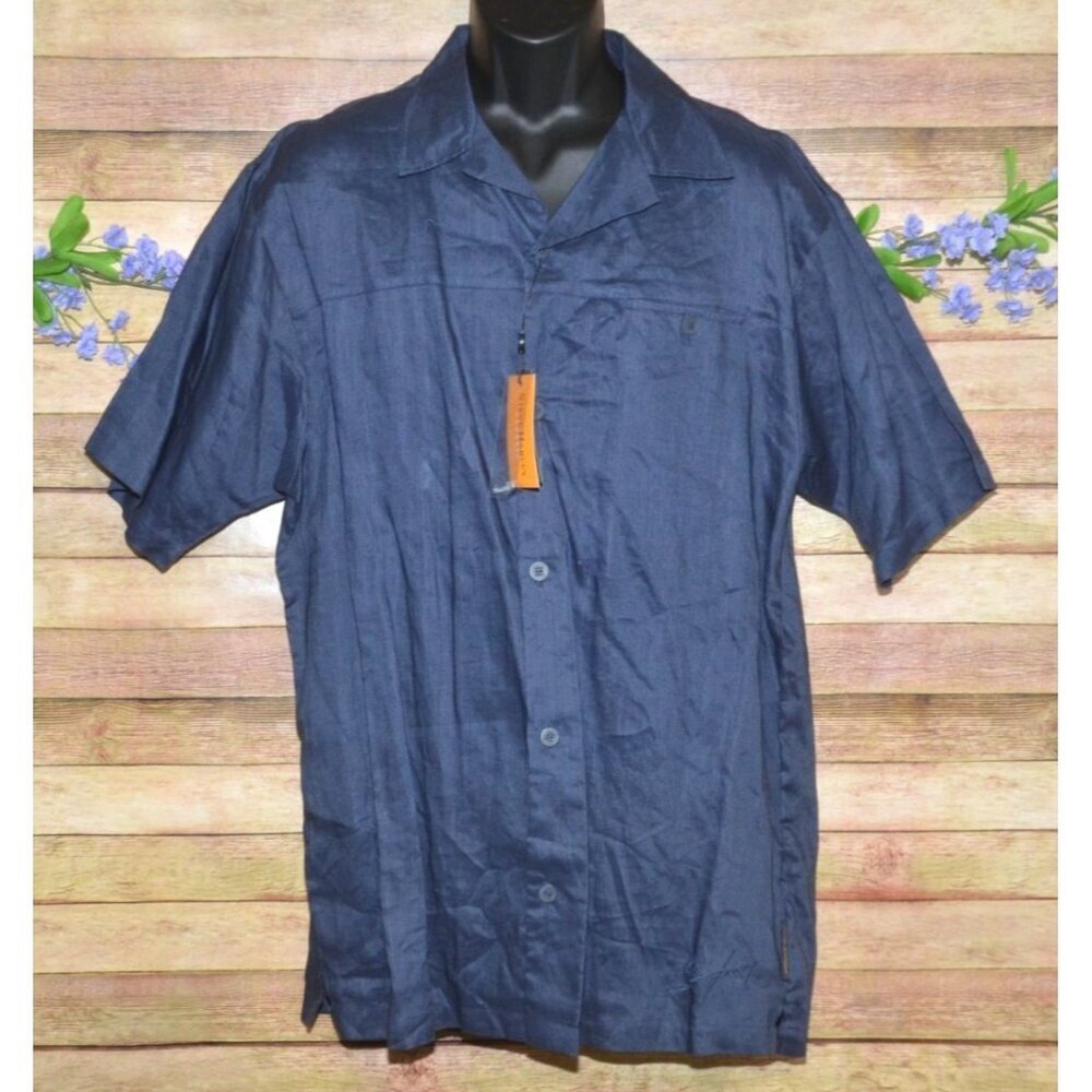 NWT Steve Harvey Classic Linen Blue Short Sleeve Button Up Camp Shirt Size XL
